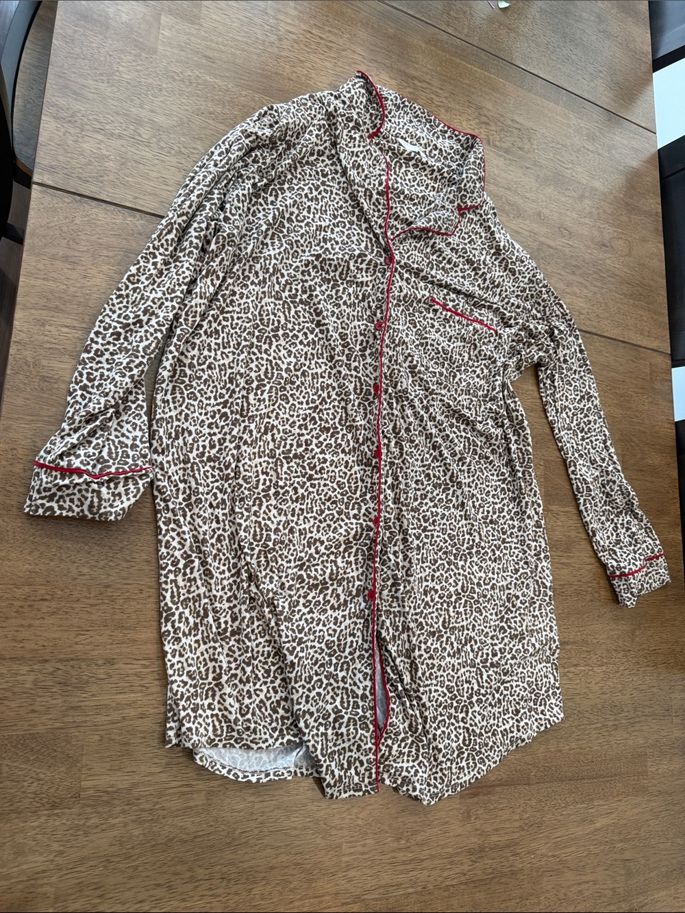 Charter Club Leopard-Print Long Sleeve Sleep Shirt with Red Trim